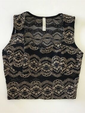FIA Lace Overlay Black and Beige Sleeveless Crop Top Size Small